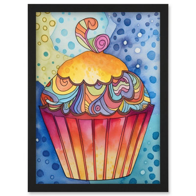 Artery8 Cupcake With Colourful Frosting Folk Art Watercolour Painting Wall Art PrintA4 Size from B&Q