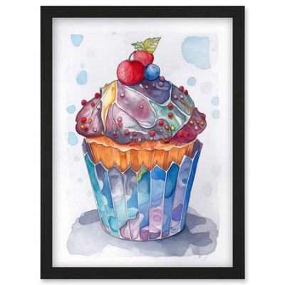 Artery8 Cupcake Icing With Fruit Folk Art Watercolour Painting Wall Art PrintA4 Size from B&Q