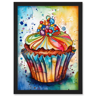 B&Q -  Cupcake With Sprinkles Vibrant Watercolour Painting Wall Art PrintA4 Size