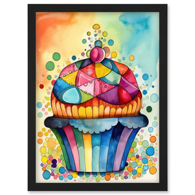 Artery8 Cupcake With Colourful Frosting Watercolour Folk Art Painting Wall Art PrintA4 Size from B&Q