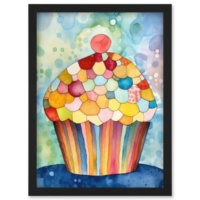 Artery8 Rainbow Pattern Cupcake Folk Art Watercolour Painting Wall Art PrintA4 Size from B&Q