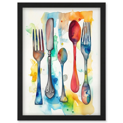 Artery8 Cutlery Forks Spoons And Watercolour Painting Wall Art PrintA4 Size from B&Q