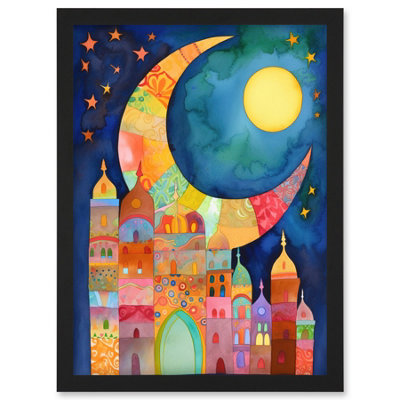 Artery8 Eid Crescent Moon Cityscape Folk Art Watercolour Painting Wall Art PrintA4 Size from B&Q