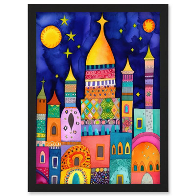 Artery8 Islamic Cityscape Moonlight Mosque Folk Art Wall Art PrintA4 Size from B&Q