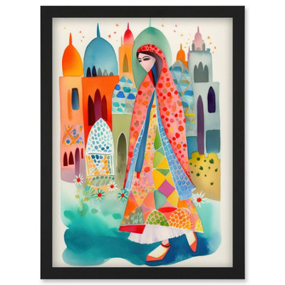 Artery8 Hijab Woman With Buildings Folk Art Wall Art PrintA4 Size from B&Q