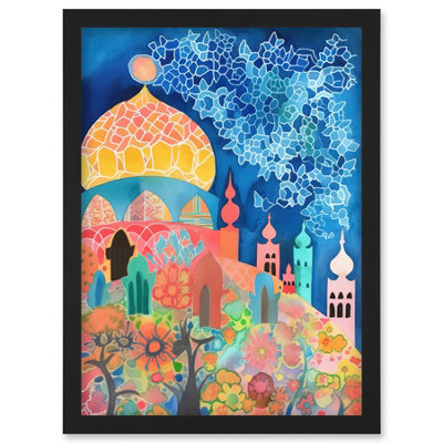 Artery8 Islamic Mosque At Night Folk Art Watercolour Painting Wall Art PrintA4 Size from B&Q