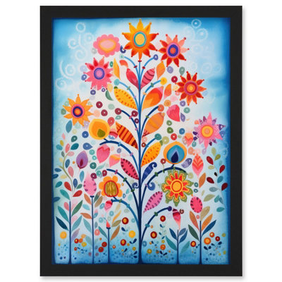 Artery8 Blooming Flowering Plant Pattern Folk Art Watercolour Painting Wall Art PrintA4 Size from B&Q