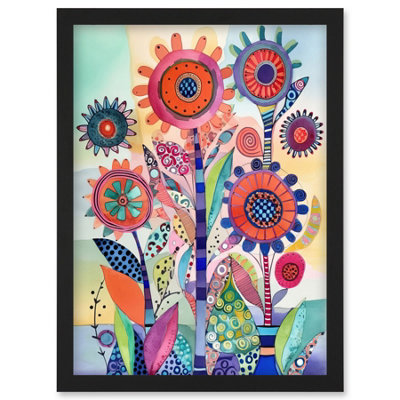Artery8 Large Flower Blooms With Embroidery Style Patterns Folk Art Watercolour Painting Wall Art PrintA4 Size from B&Q