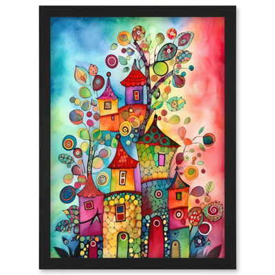 Artery8 Country Houses Concept Folk Art Watercolour Painting Wall Art PrintA4 Size from B&Q