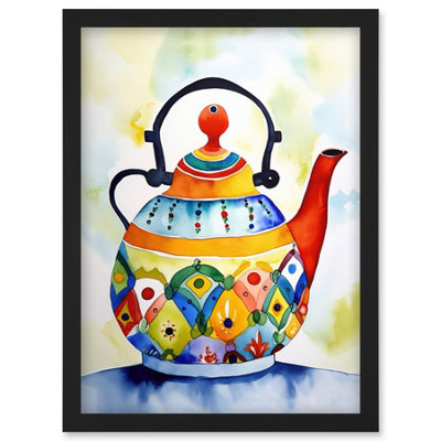 Artery8 Enamelled Patterned Teapot Tea Kettle Folk Art Watercolour Painting Wall Art PrintA4 Size from B&Q