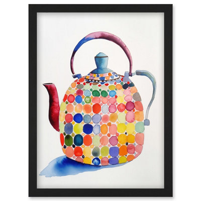 Artery8 Colourful Enamelled Teapot Tea Kettle Folk Art Watercolour Painting Wall Art PrintA4 Size from B&Q