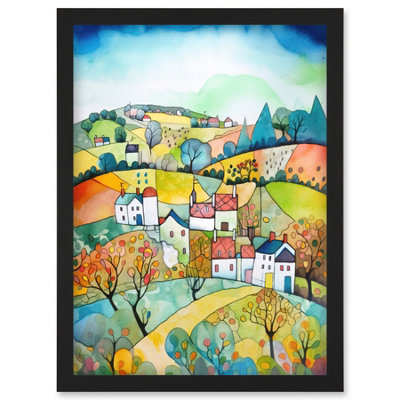 Artery8 English Country Rural Landscape Folk Art Watercolour Painting Wall Art PrintA4 Size from B&Q