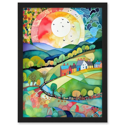 Artery8 Rural Landscape English Countryside Sunrise Folk Art Watercolour Painting Wall Art Print - A4 Size