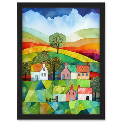 Artery8 Rural Landscape Rainbow Countryside Folk Art Watercolour Painting Wall Art PrintA4 Size from B&Q