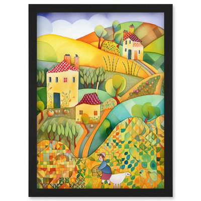 Artery8 Countryside Farming Folk Art Watercolour Painting Wall Art PrintA4 Size from B&Q
