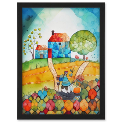 B&Q -  Farmer Heading Home Folk Art Watercolour Painting Wall Art PrintA4 Size