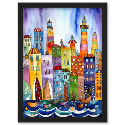 Artery8 Canal Area Folk Art Watercolour Painting Wall Art PrintA4 Size from B&Q