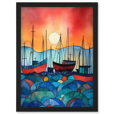 B&Q -  Fishing Boats At Sunset Folk Art Watercolour Painting Wall Art PrintA4 Size