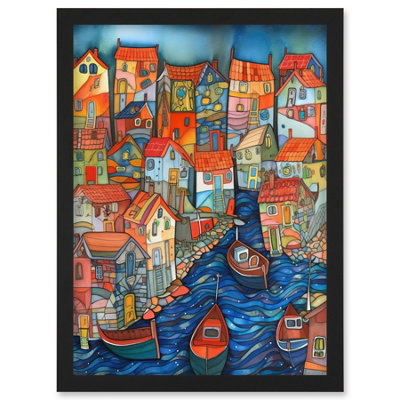 Artery8 Fishing Village Canal Folk Art Watercolour Painting Wall Art PrintA4 Size from B&Q