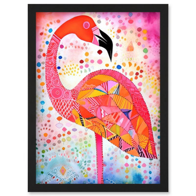Artery8 Flamingo Folk Art Watercolour Painting Wall Art PrintA4 Size from B&Q
