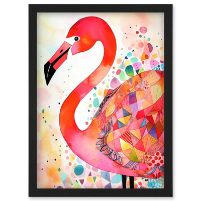 Artery8 Flamingo Bird With Patterns Folk Art Watercolour Painting Wall Art PrintA4 Size from B&Q