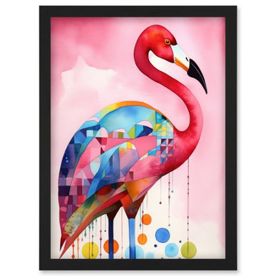 Artery8 Flamingo Bird Folk Art Watercolour Painting Wall Art PrintA4 Size from B&Q