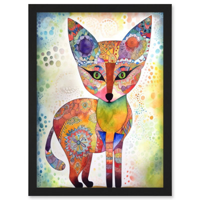 Artery8 Fox Folk Art Watercolour Painting Wall Art PrintA4 Size from B&Q