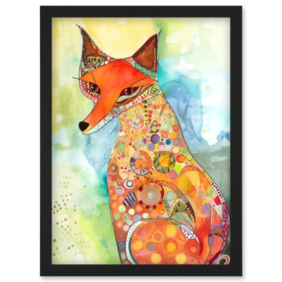 Artery8 Sitting Fox Folk Art Watercolour Painting Wall Art PrintA4 Size from B&Q