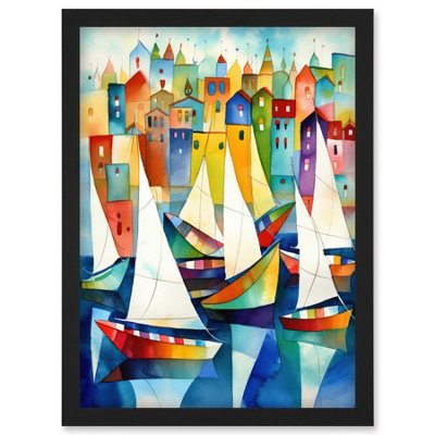 Artery8 Harbour Boats Folk Art Watercolour Painting Wall Art PrintA4 Size from B&Q