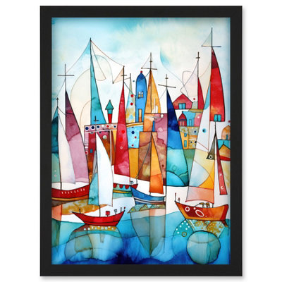 B&Q -  Harbour Boats Abstract Folk Art Watercolour Painting Wall Art PrintA4 Size