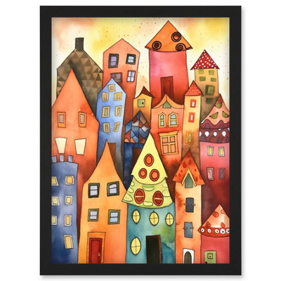 Artery8 Colourful Townscape Folk Art Watercolour Painting Wall Art PrintA4 Size from B&Q
