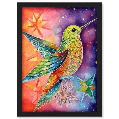 Artery8 Hummingbird In Vibrant Astral Field Folk Art Watercolour Painting Wall Art PrintA4 Size from B&Q