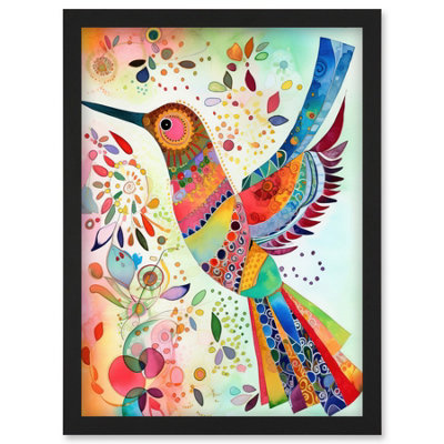 Artery8 Hummingbird With Multicolour Pattern Feathers Folk Art Watercolour Painting Wall Art PrintA4 Size from B&Q