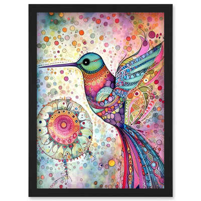 Artery8 Hummingbird With Mandala Patterns Colourful Folk Art Watercolour Painting Wall Art PrintA4 Size from B&Q