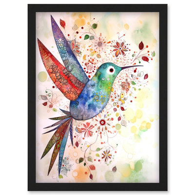 Artery8 Hummingbird With Flower Patterns Folk Art Watercolour Painting Wall Art PrintA4 Size from B&Q