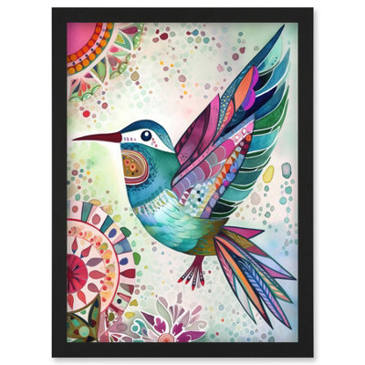 Artery8 Hummingbird With Multicolour Mandala Patterns Folk Art Watercolour Painting Wall Art PrintA4 Size from B&Q