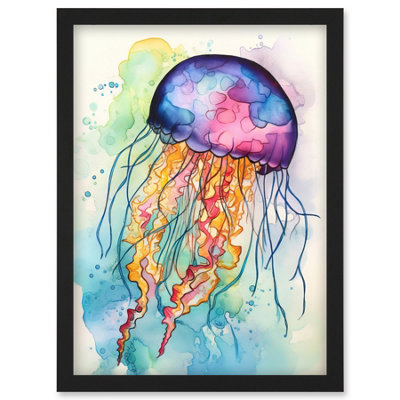 Artery8 Jellyfish Swimming Folk Art Watercolour Painting Wall Art PrintA4 Size from B&Q