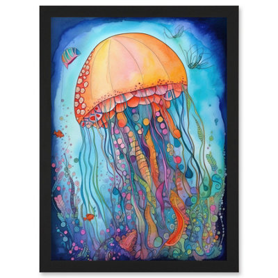 Artery8 Jellyfish With Aquatic Plants Folk Art Watercolour Painting Wall Art PrintA4 Size from B&Q