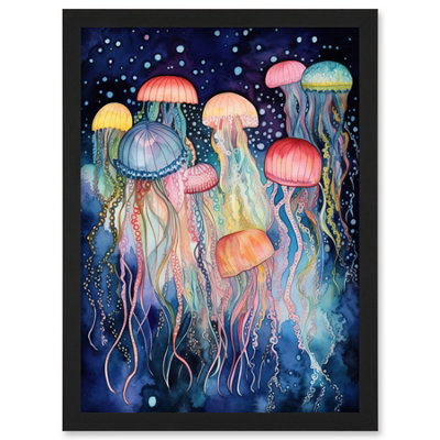 Artery8 Group Of Jellyfish Multicoloured Folk Art Watercolour Painting Wall Art PrintA4 Size from B&Q