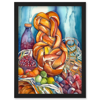 Artery8 Challah Bread And Fruit Folk Art Watercolour Painting Wall Art PrintA4 Size from B&Q