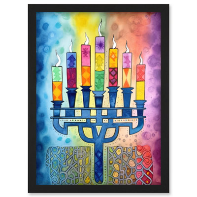 Artery8 Menorah Candles Multicolour Folk Art Watercolour Painting Wall Art PrintA4 Size from B&Q