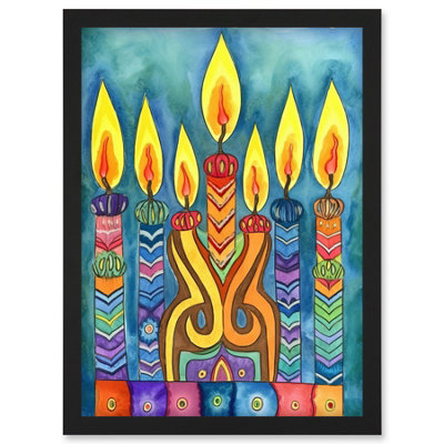 Artery8 Menorah Candle Patterns Folk Art Watercolour Painting Wall Art PrintA4 Size from B&Q