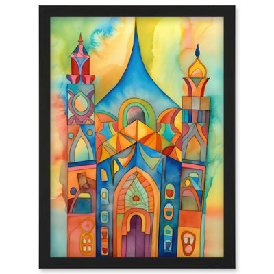 Artery8 Synagogue Building Multicoloured Folk Art Watercolour Painting Wall Art PrintA4 Size from B&Q