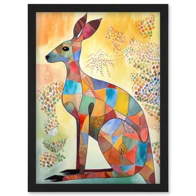 Artery8 Multicoloured Kangaroo Folk Art Watercolour Painting Wall Art PrintA4 Size from B&Q