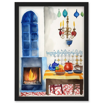 B&Q -  Kitchen Fireplace In Traditional Spanish Home Folk Art Watercolour Painting Wall Art PrintA4 Size