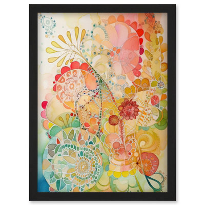 Artery8 Lace Pattern Flower Blooms Folk Art Watercolour Painting Wall Art PrintA4 Size from B&Q
