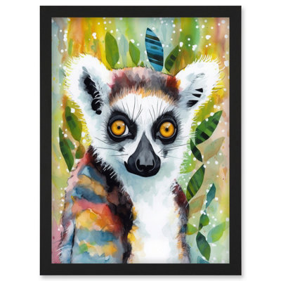 Artery8 Lemur Portrait Folk Art Watercolour Painting Wall Art PrintA4 Size from B&Q