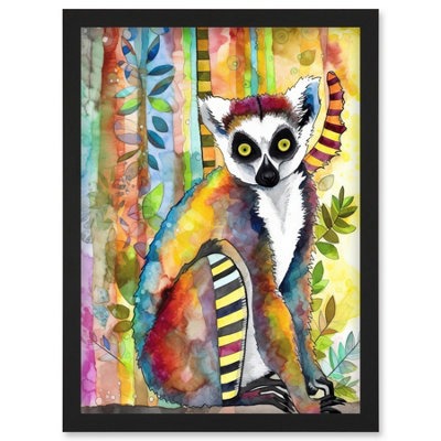 Artery8 Lemur Vibrant Portrait Folk Art Watercolour Painting Wall Art PrintA4 Size from B&Q