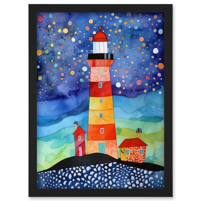 Artery8 Lighthouse On Starry Night Folk Art Watercolour Painting Wall Art PrintA4 Size from B&Q