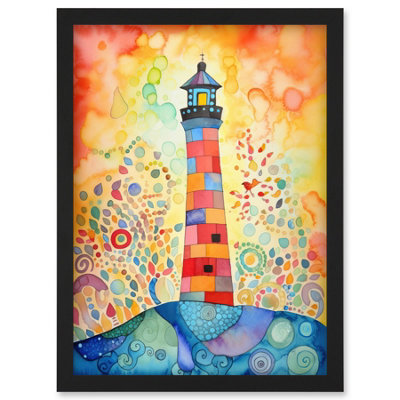 Artery8 Lighthouse At Sunset Dreamy Folk Art Watercolour Painting Wall Art PrintA4 Size from B&Q